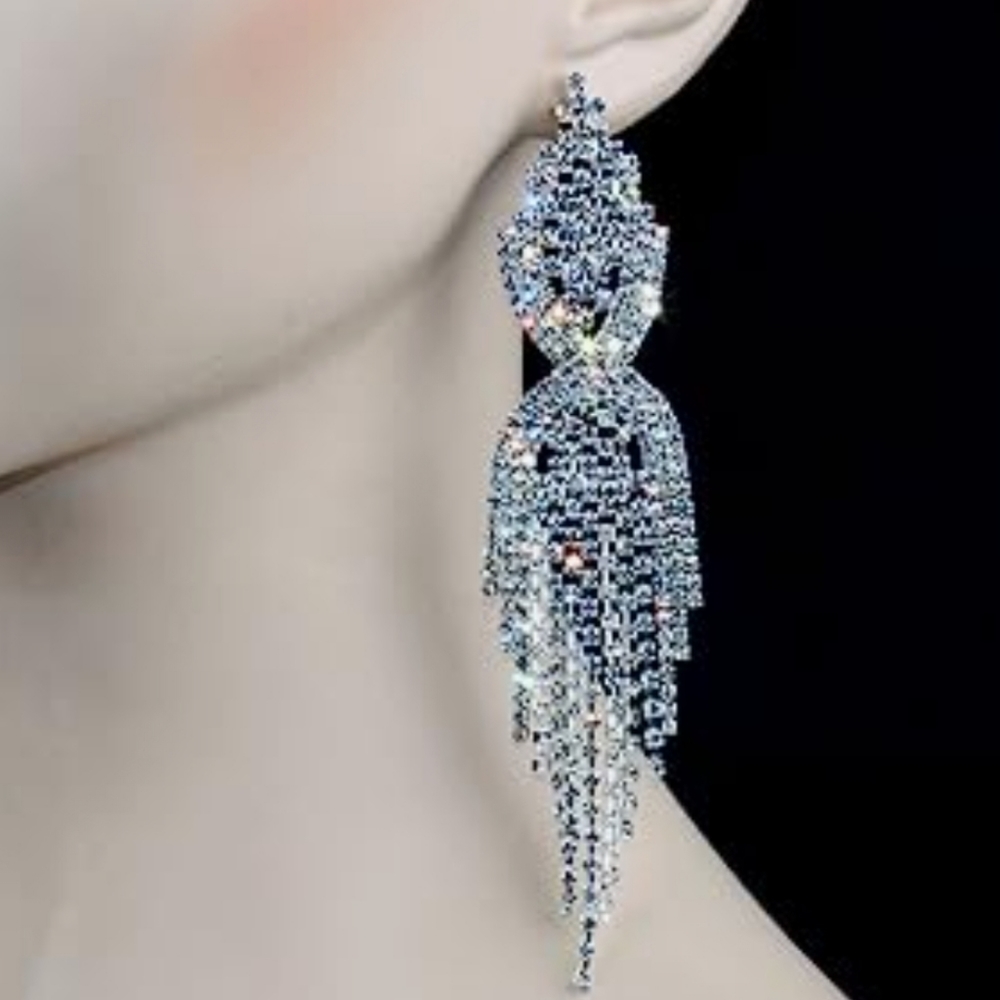Set of 2 Pairs Chran Silver Teardrop Crystal Tassels Dangle Earrings Sparkling R - Picture 3 of 4